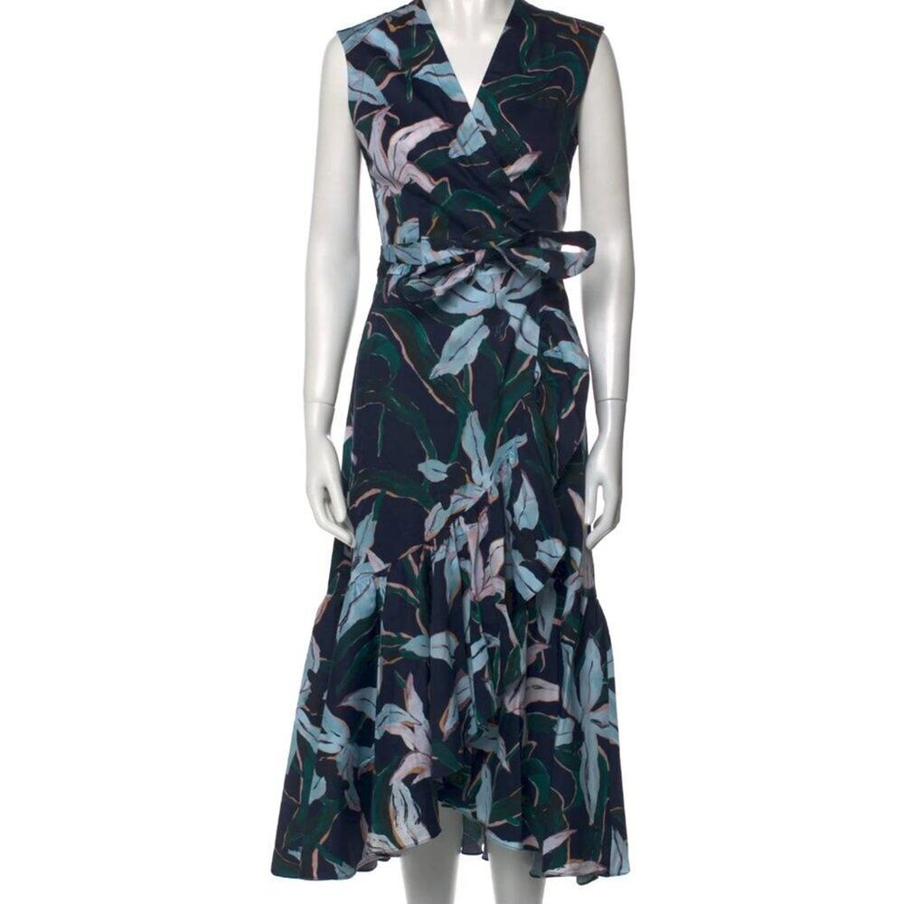 Tory Burch Navy Floral Wrap Midi Dress with Light Blue and Green Motif